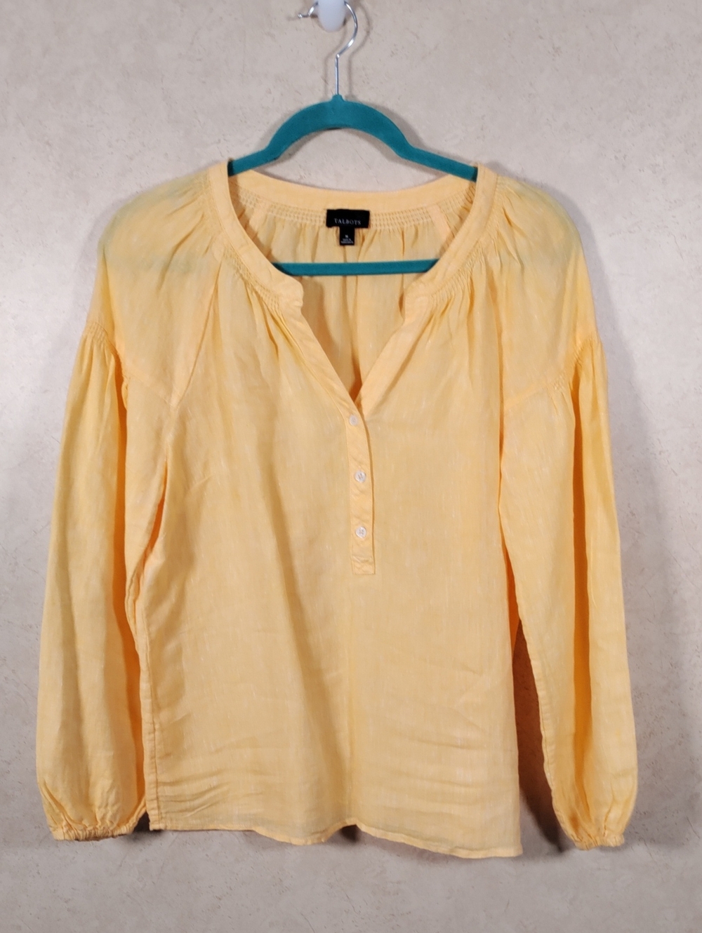 I154 Talbots Pale Yellow Linen Peasant Blouse with Button Placket M FINAL PRICE